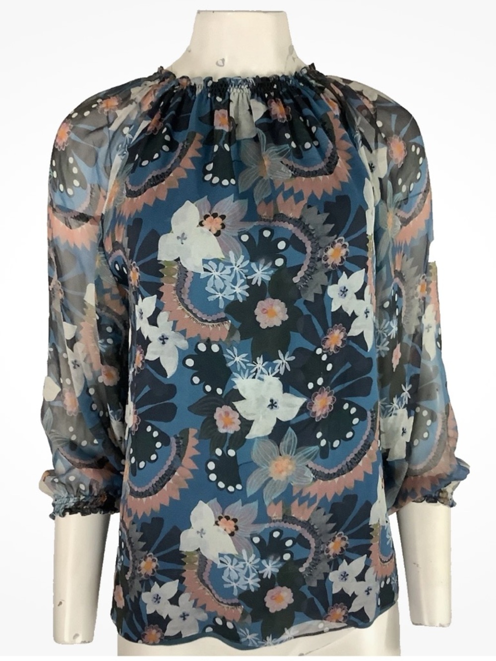Soler Sz XS 100% Silk Floral Mesh Sleeve Business Casual Blouse Multicolor